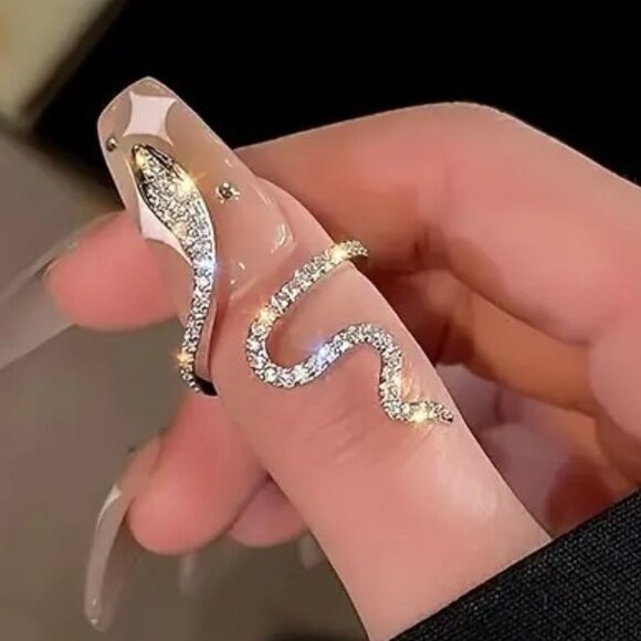 Snake Wrap Ring Sparkle Zircon Rhinestones Silver Goth Punk Pop Rave Reptile NEW - Picture 2 of 4